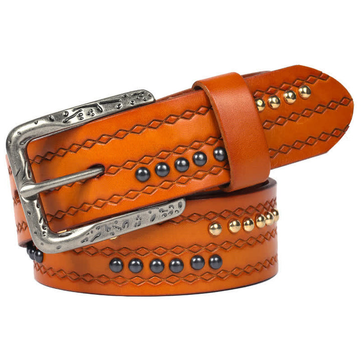 Ceinture en cuir à motif gaufré avec rivets ronds et coutures fantaisie