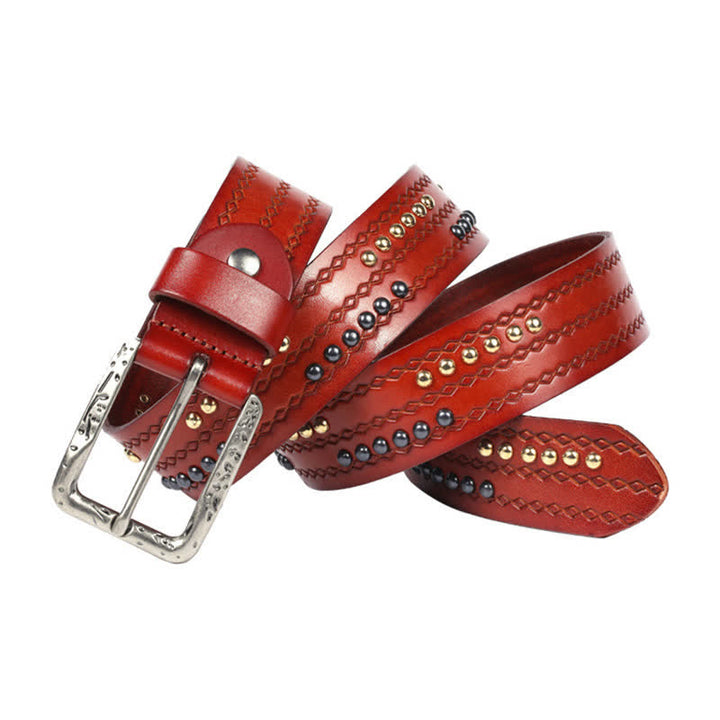 Ceinture en cuir à motif gaufré avec rivets ronds et coutures fantaisie