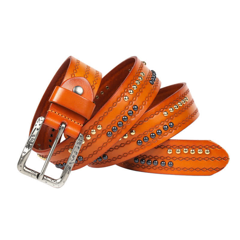 Ceinture en cuir à motif gaufré avec rivets ronds et coutures fantaisie