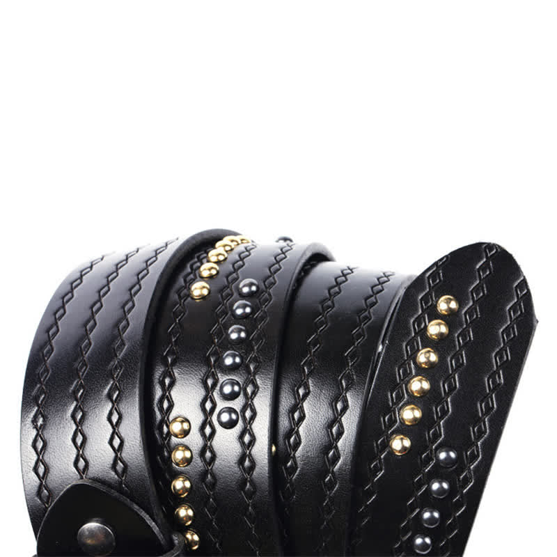 Ceinture en cuir à motif gaufré avec rivets ronds et coutures fantaisie