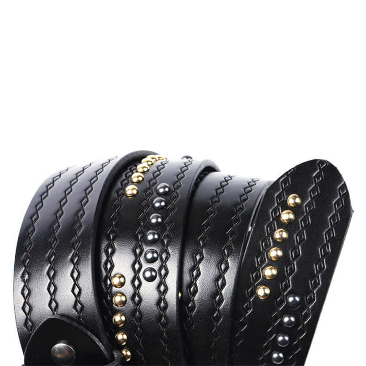 Ceinture en cuir à motif gaufré avec rivets ronds et coutures fantaisie