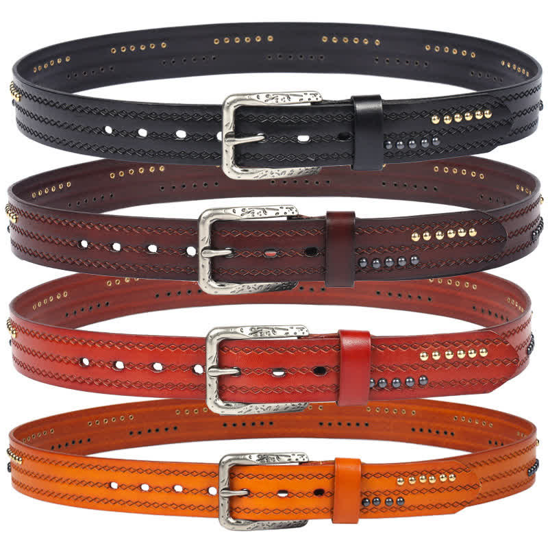 Ceinture en cuir à motif gaufré avec rivets ronds et coutures fantaisie