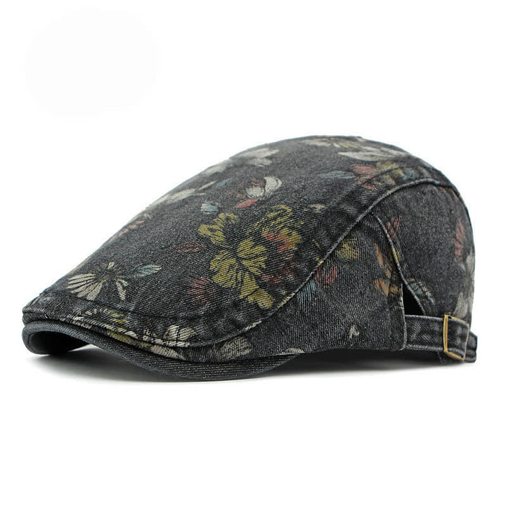 Béret plat en denim à imprimé floral tendance