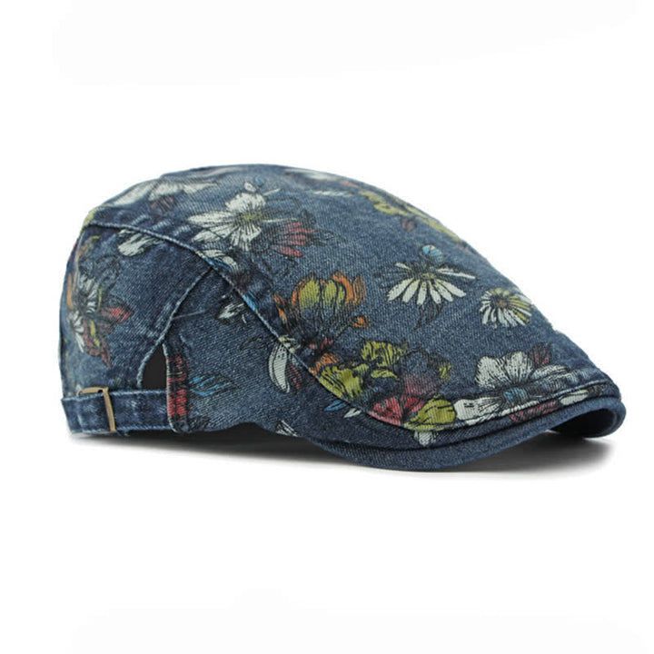 Béret plat en denim à imprimé floral tendance