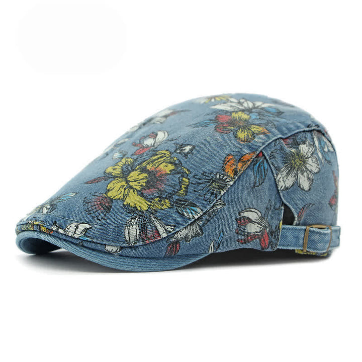 Béret plat en denim à imprimé floral tendance