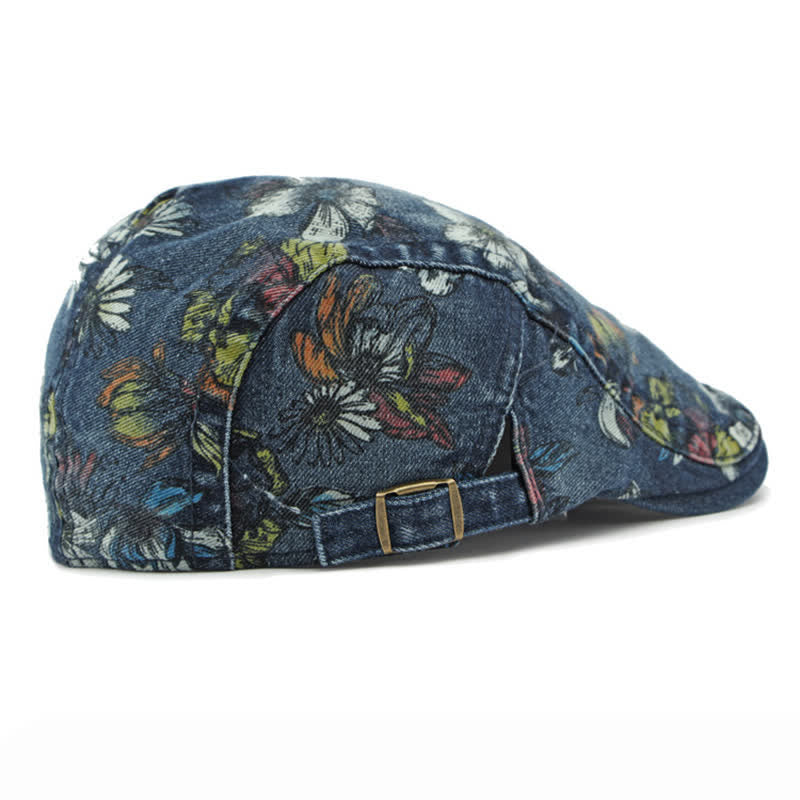 Béret plat en denim à imprimé floral tendance