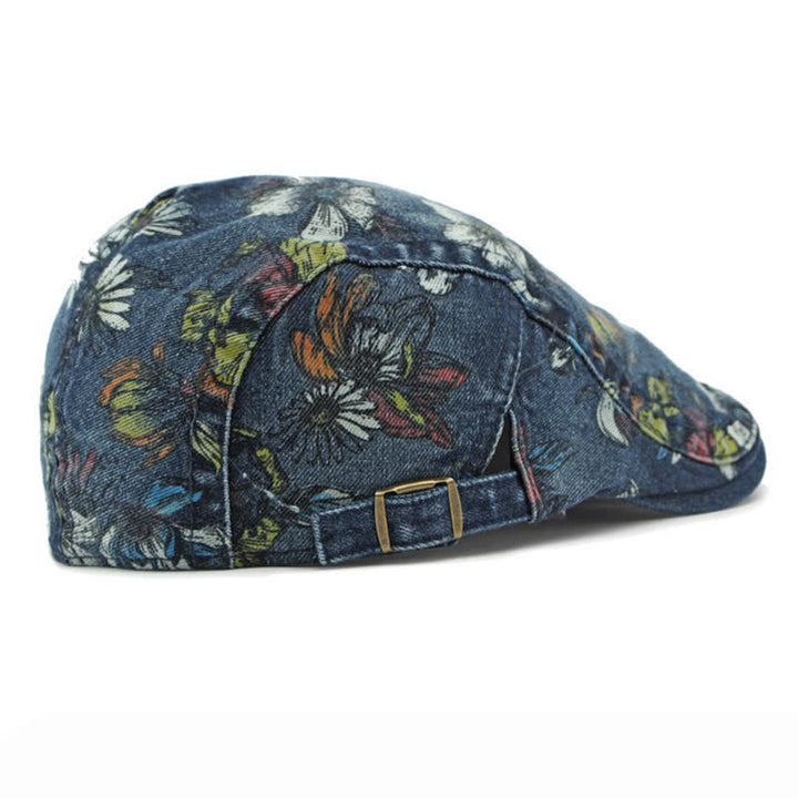 Béret plat en denim à imprimé floral tendance