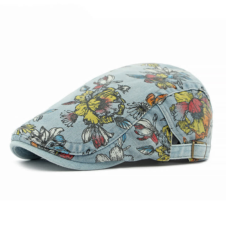 Béret plat en denim à imprimé floral tendance