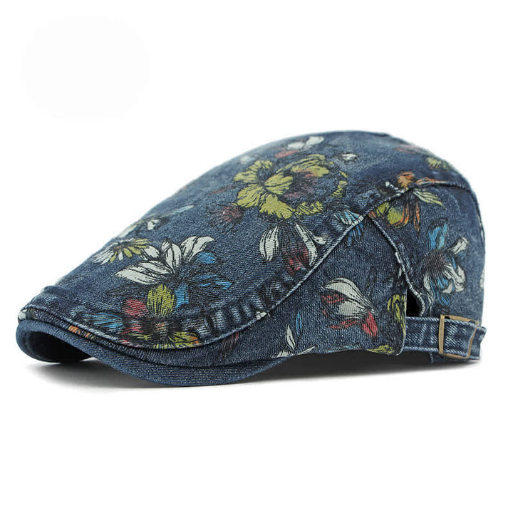 Béret plat en denim à imprimé floral tendance