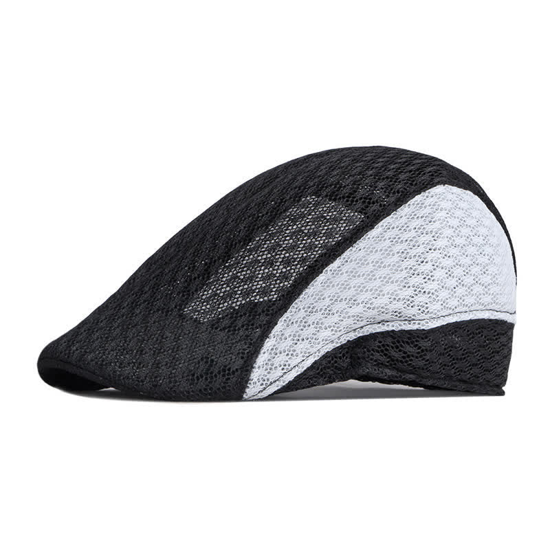 Béret plat d'été en maille creuse noir et blanc