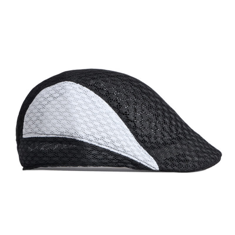 Béret plat d'été en maille creuse noir et blanc