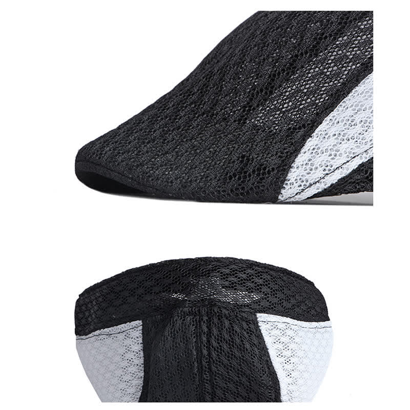 Béret plat d'été en maille creuse noir et blanc