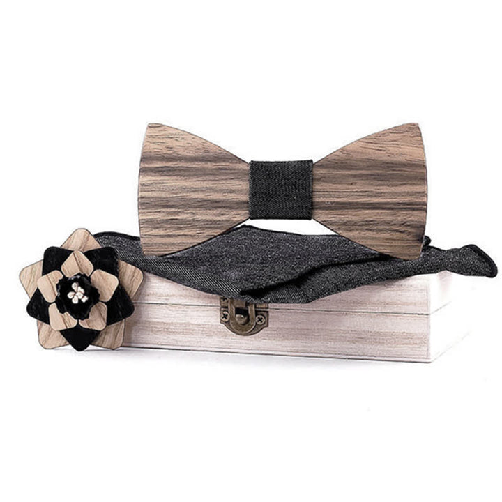 Lot de 3 nœuds papillon en bois de noyer pour homme avec épingle à fleur