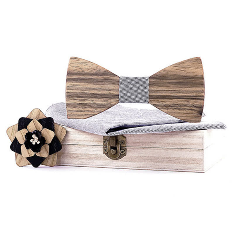 Lot de 3 nœuds papillon en bois de noyer pour homme avec épingle à fleur