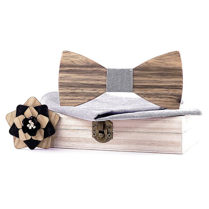 Lot de 3 nœuds papillon en bois de noyer pour homme avec épingle à fleur
