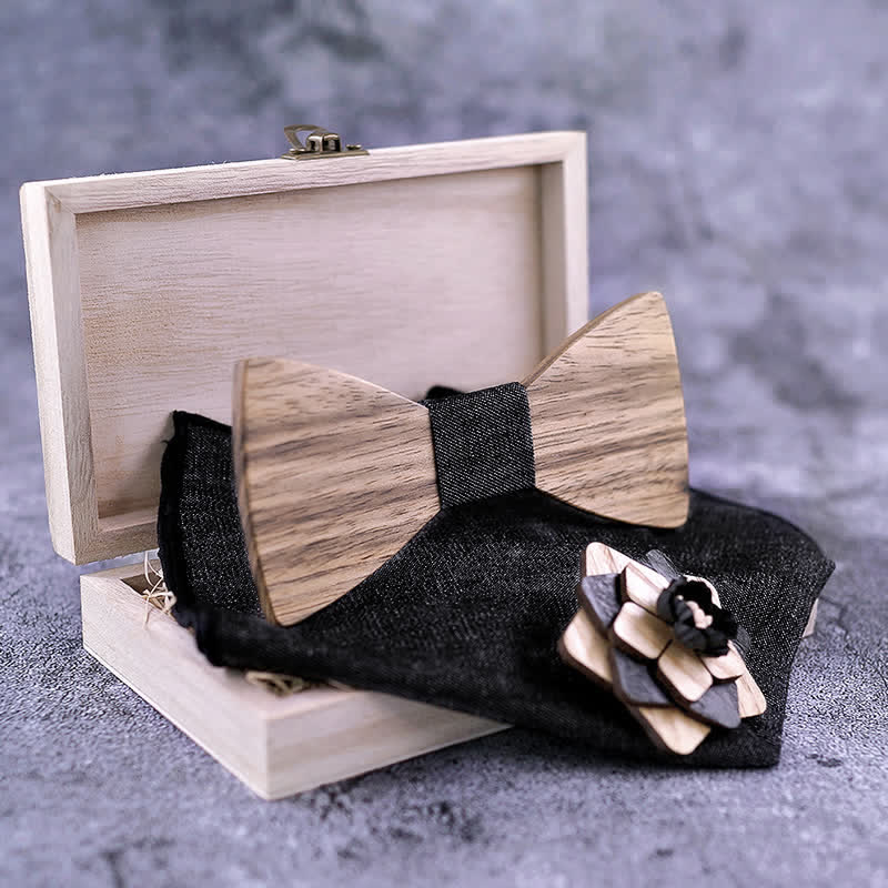 Lot de 3 nœuds papillon en bois de noyer pour homme avec épingle à fleur