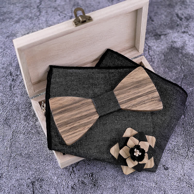 Lot de 3 nœuds papillon en bois de noyer pour homme avec épingle à fleur
