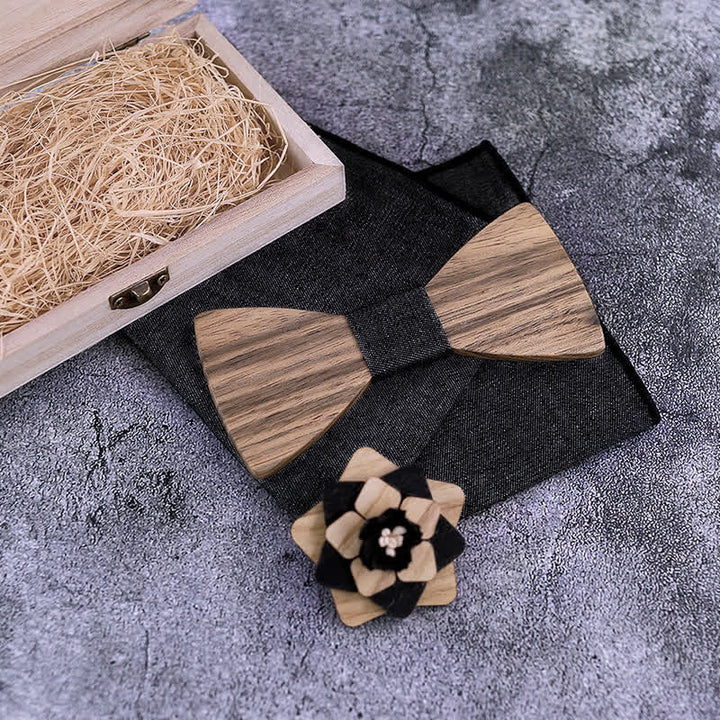 Lot de 3 nœuds papillon en bois de noyer pour homme avec épingle à fleur