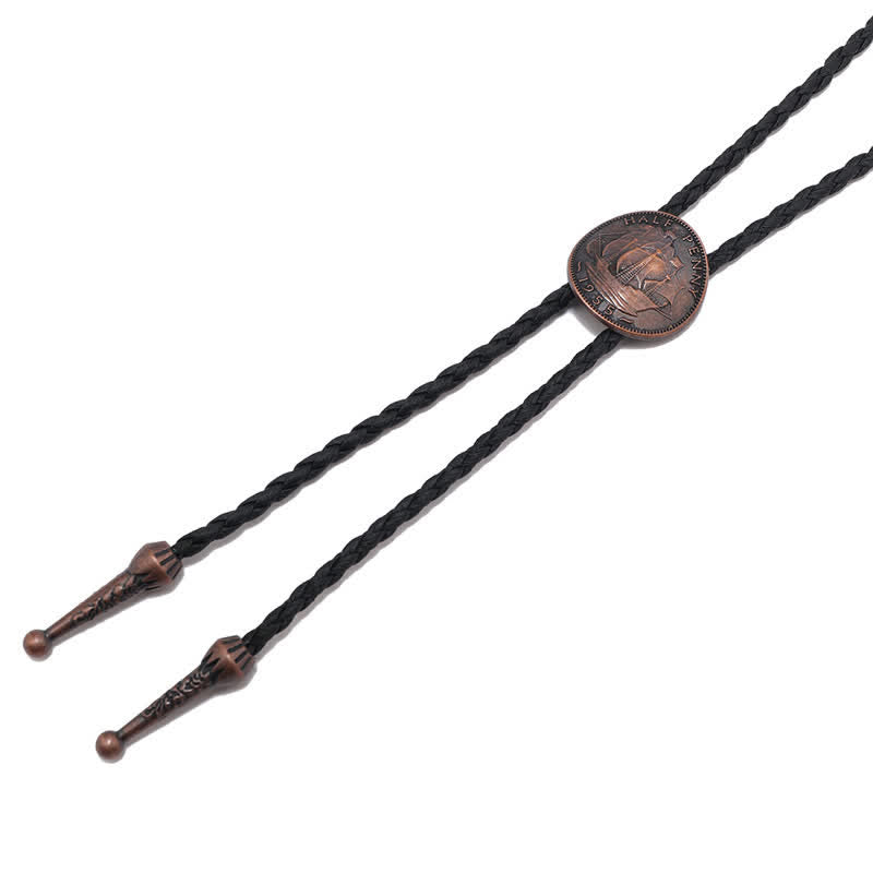 Cravate bolo en cuir avec pièce de monnaie ancien représentant trois voiliers