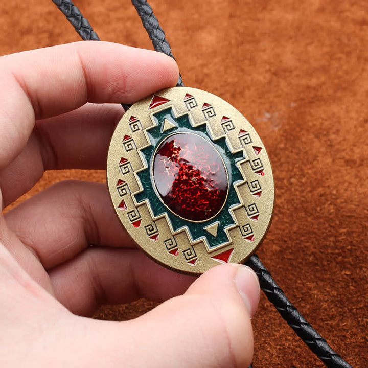 Cravate bolo indienne en bronze antique émaillé vert rubis