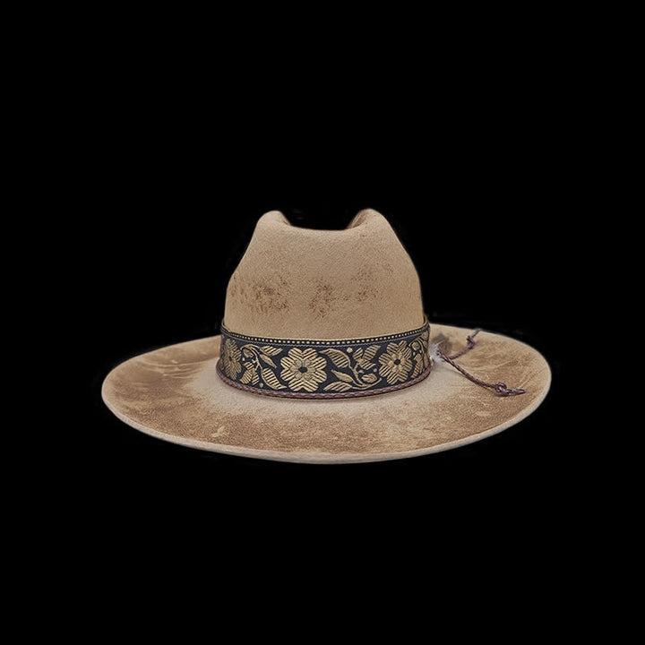 Chapeau de cowboy en laine avec plumes décoratives et fleurs jacquard
