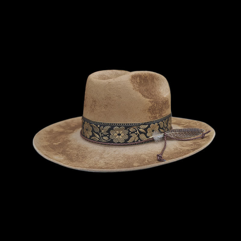 Chapeau de cowboy en laine avec plumes décoratives et fleurs jacquard