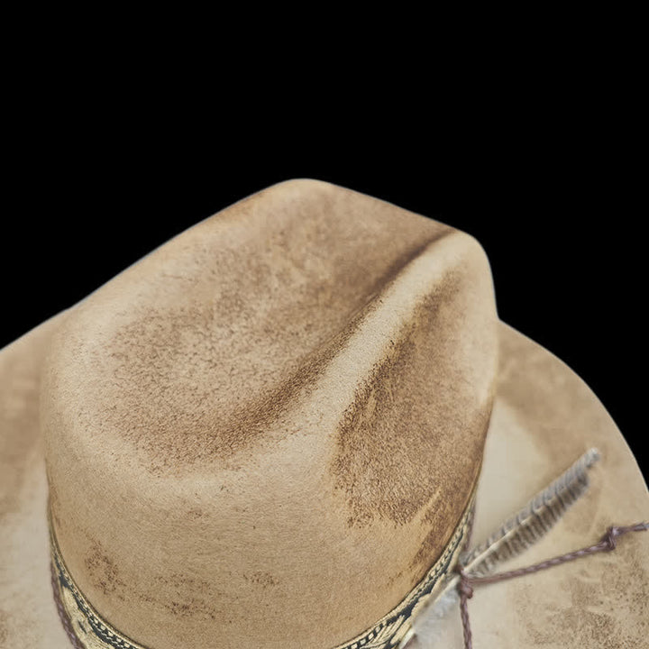 Chapeau de cowboy en laine avec plumes décoratives et fleurs jacquard