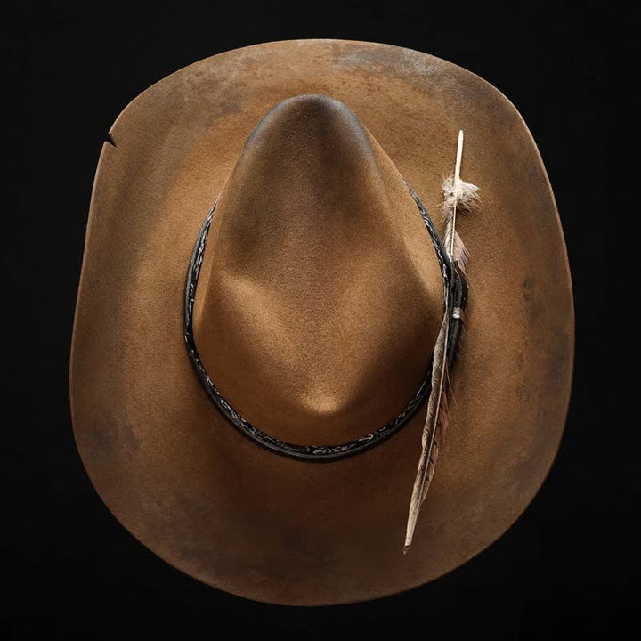 Chapeau de cowboy en laine et plumes avec lanières en cuir et cachemire