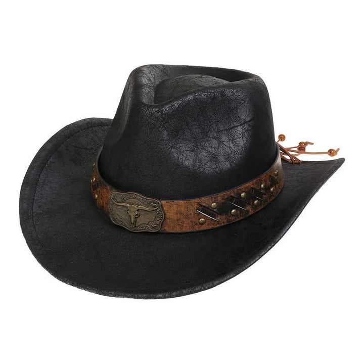 Chapeau de cowboy en similicuir vintage Longhorn Bull - Noir - Style n° 1 - M (22"-22 7/8") - image 6