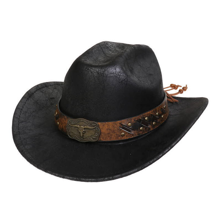 Chapeau de cowboy en similicuir vintage Longhorn Bull - Noir - Style n° 2 - M (22"-22 7/8") - image 15