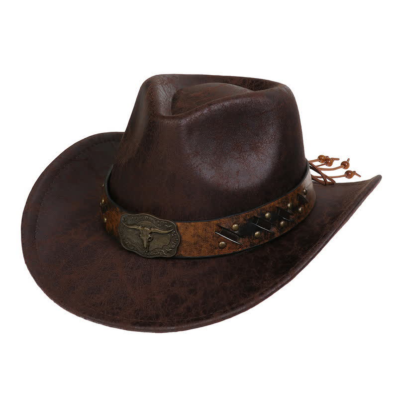 Chapeau de cowboy en similicuir vintage Longhorn Bull - Café - Style n° 1 - M (22"-22 7/8") - image 1