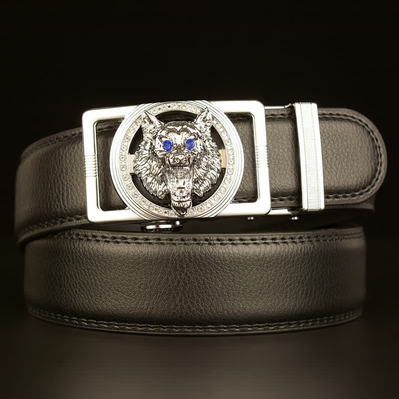 Ceinture en cuir à boucle automatique avec strass pour homme et tête de loup