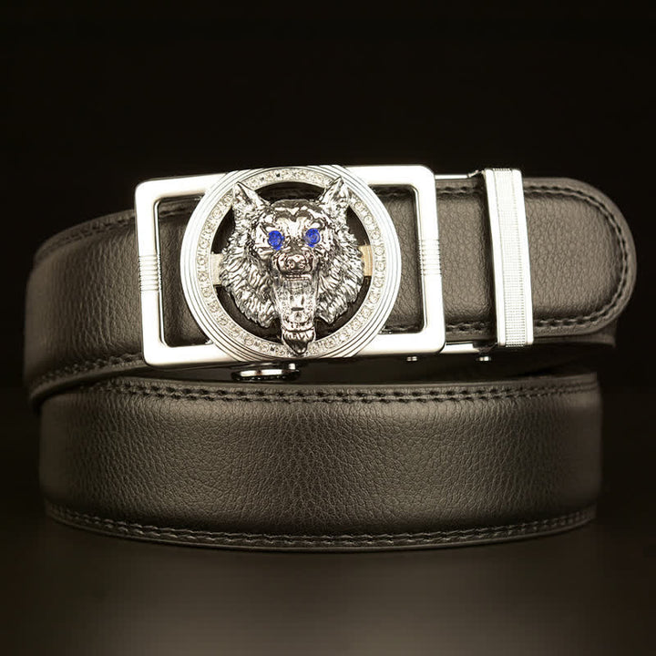Ceinture en cuir à boucle automatique avec strass pour homme et tête de loup