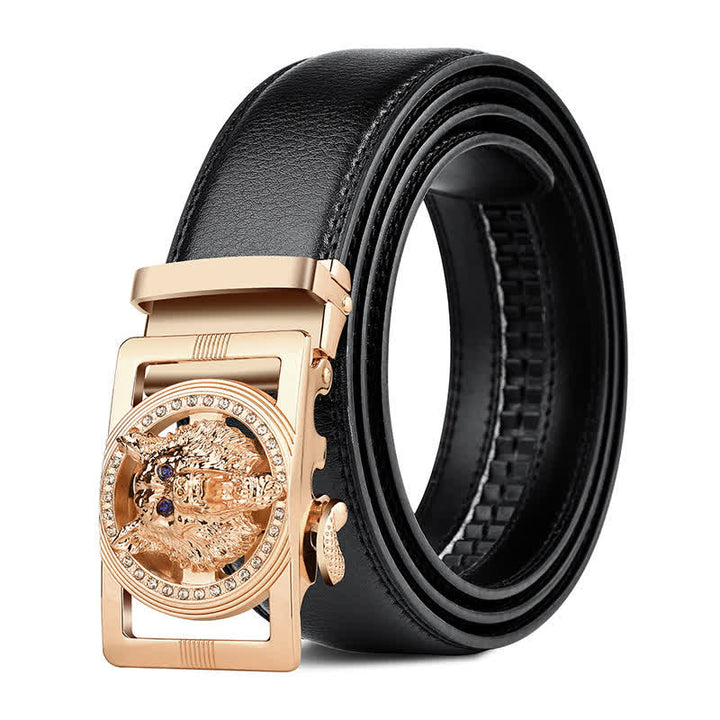 Ceinture en cuir à boucle automatique avec strass pour homme et tête de loup