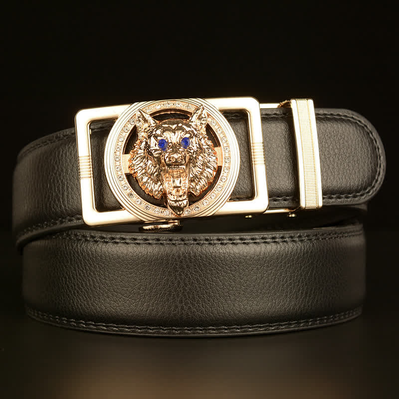 Ceinture en cuir à boucle automatique avec strass pour homme et tête de loup