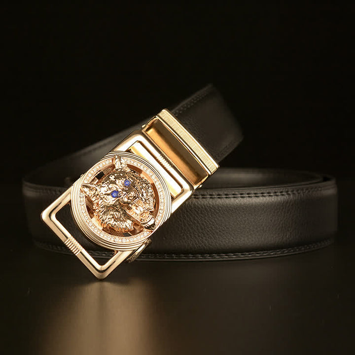 Ceinture en cuir à boucle automatique avec strass pour homme et tête de loup