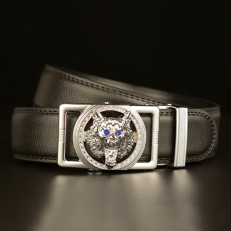 Ceinture en cuir à boucle automatique avec strass pour homme et tête de loup