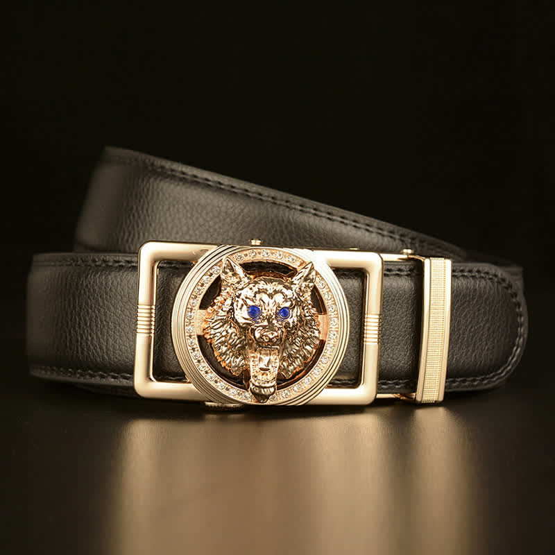 Ceinture en cuir à boucle automatique avec strass pour homme et tête de loup