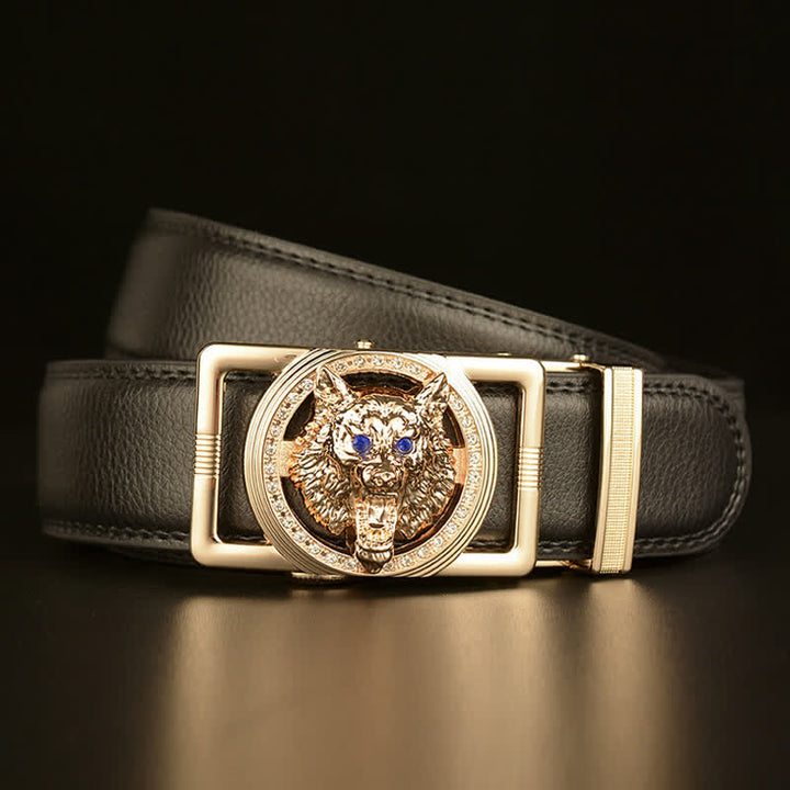 Ceinture en cuir à boucle automatique avec strass pour homme et tête de loup