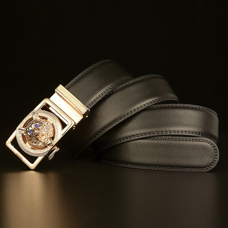 Ceinture en cuir à boucle automatique avec strass pour homme et tête de loup
