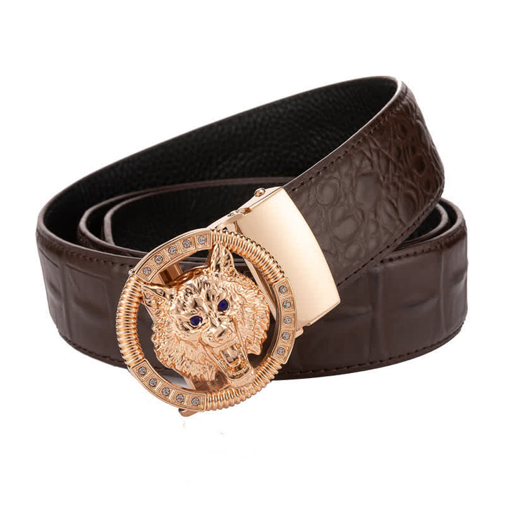 Ceinture en cuir à boucle automatique pour homme avec strass et motif loup rond