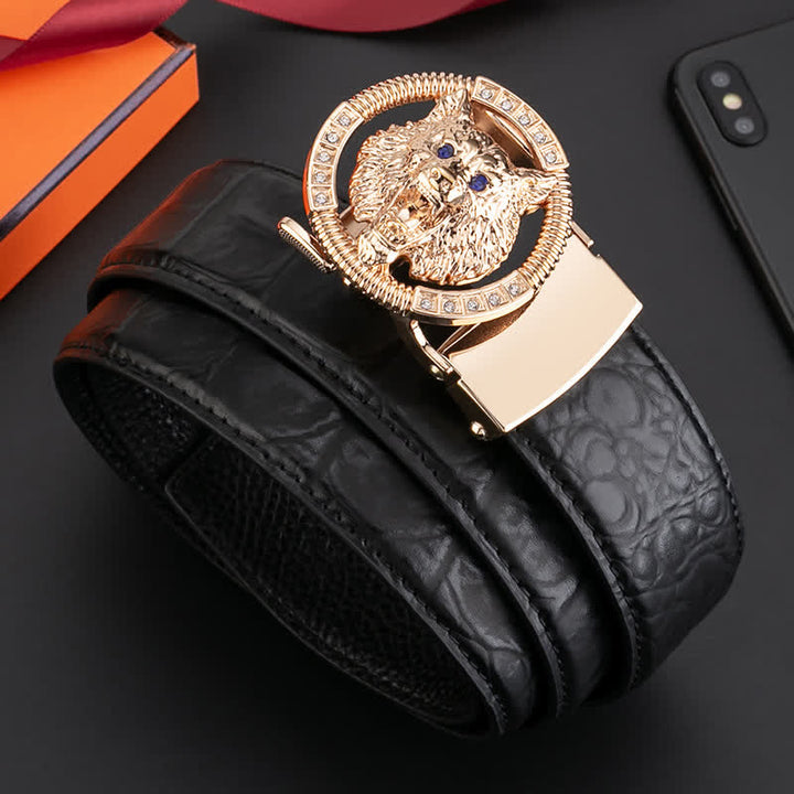 Ceinture en cuir à boucle automatique pour homme avec strass et motif loup rond