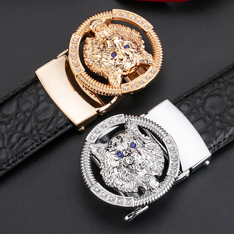 Ceinture en cuir à boucle automatique pour homme avec strass et motif loup rond
