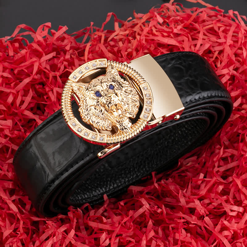 Ceinture en cuir à boucle automatique pour homme avec strass et motif loup rond