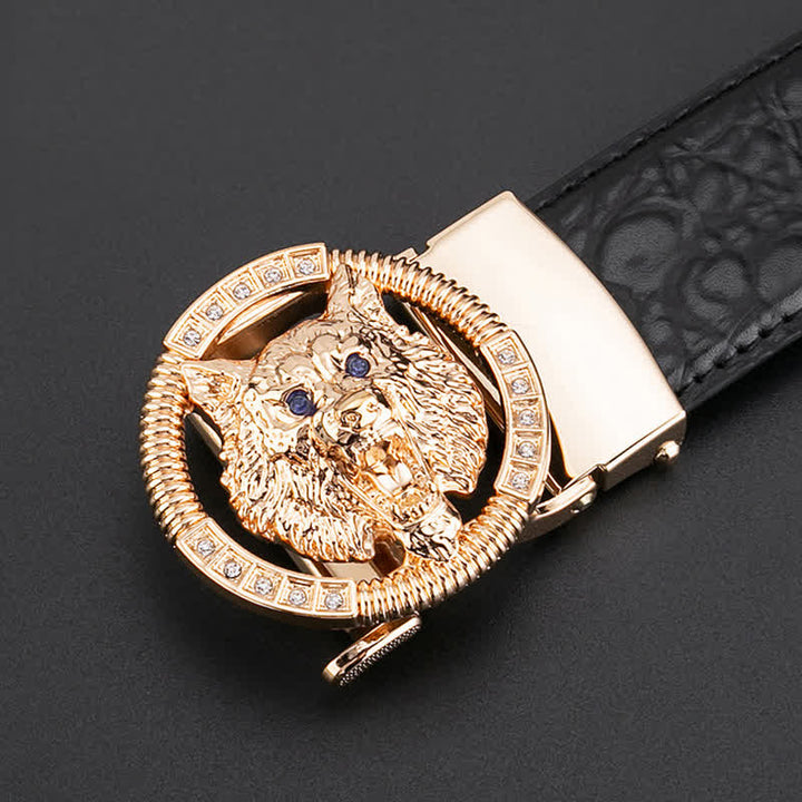 Ceinture en cuir à boucle automatique pour homme avec strass et motif loup rond