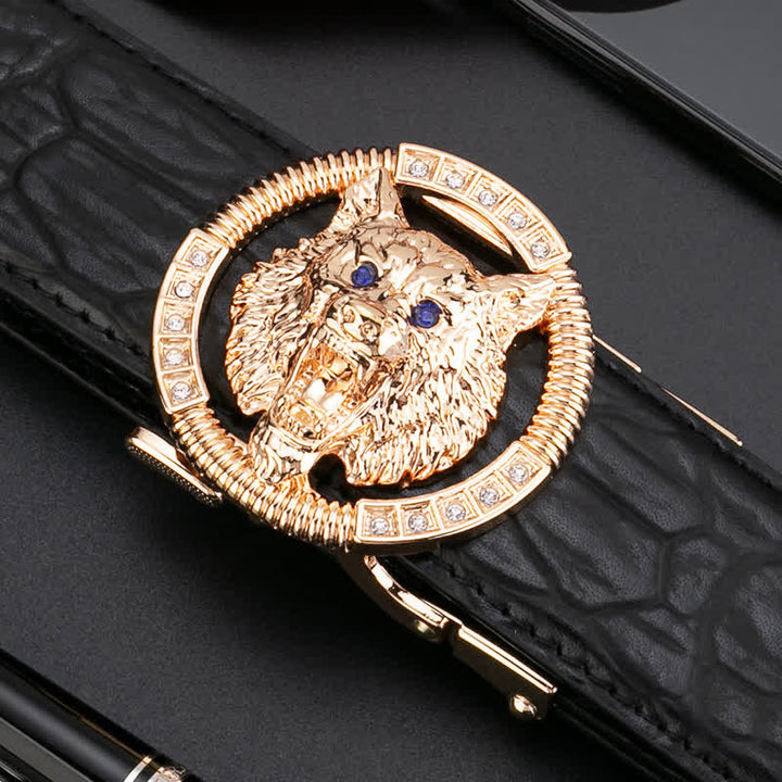 Ceinture en cuir à boucle automatique pour homme avec strass et motif loup rond