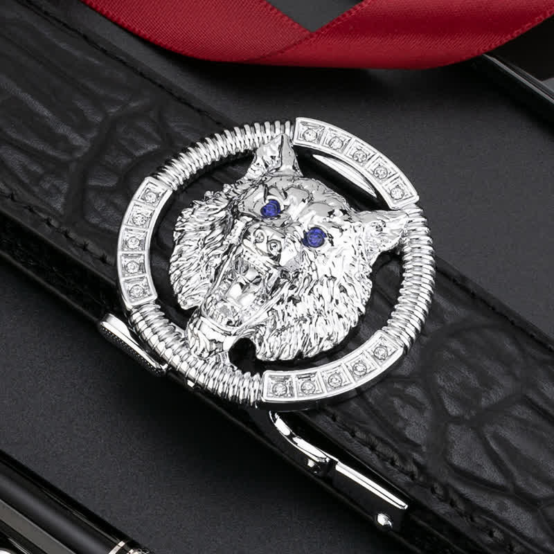 Ceinture en cuir à boucle automatique pour homme avec strass et motif loup rond