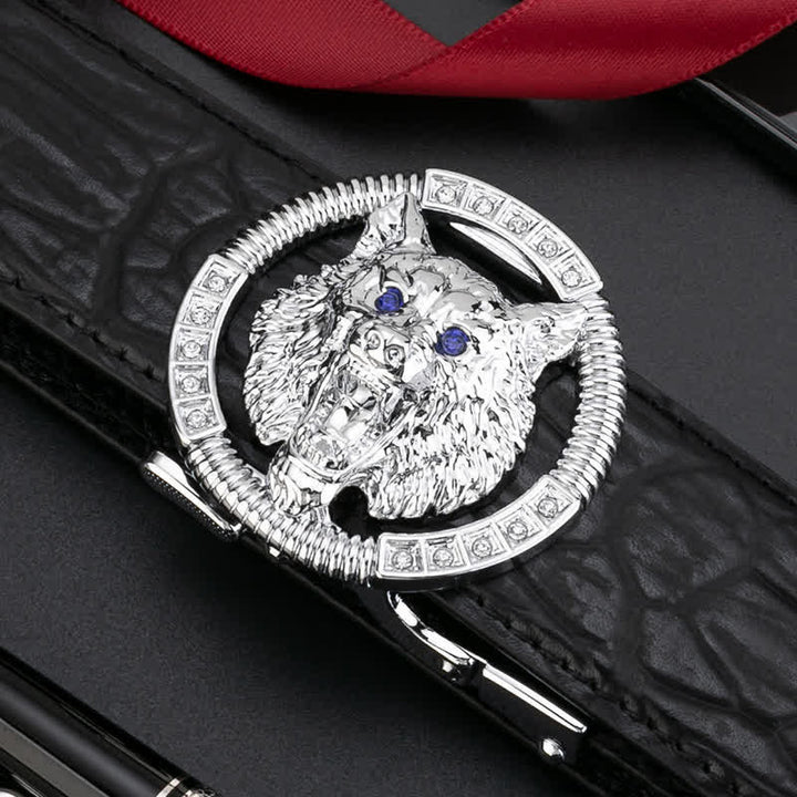 Ceinture en cuir à boucle automatique pour homme avec strass et motif loup rond