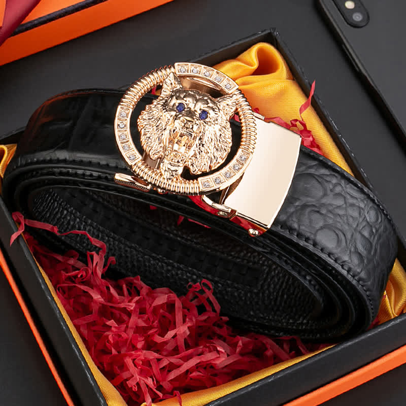 Ceinture en cuir à boucle automatique pour homme avec strass et motif loup rond
