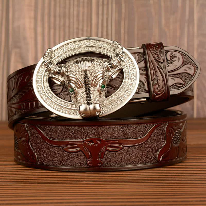 Ceinture en cuir à boucle automatique avec strass brillant pour homme